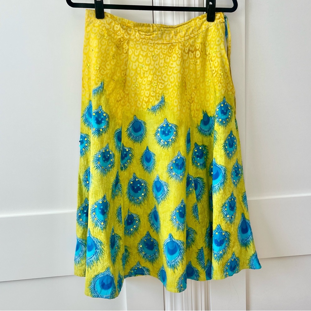 Blue Plate Peacock Print Circle Midi Skirt Yellow Blue Sz S